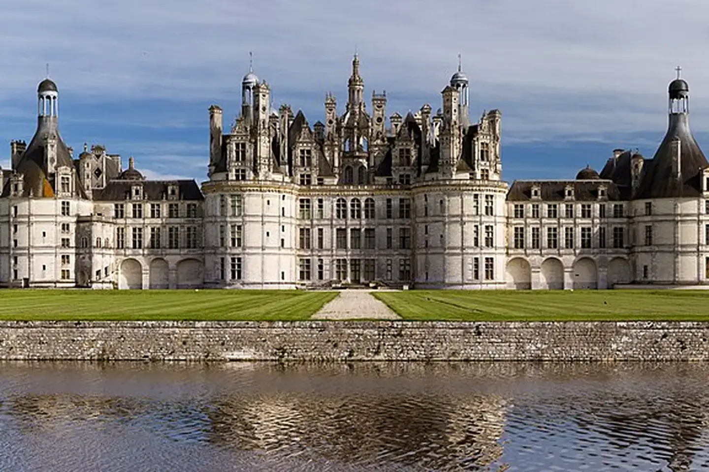 The grand northwest façade of Château de Chambord in the Loire Valley, France