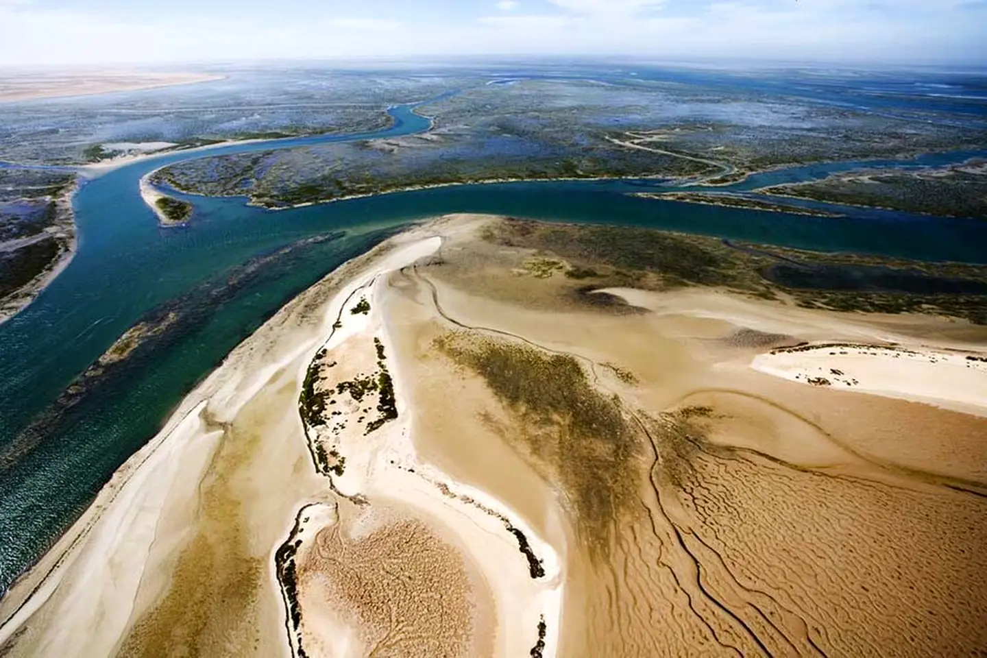 An aerial view of tidal channels and sandbanks in Banc d’Arguin National Park, Mauritania
