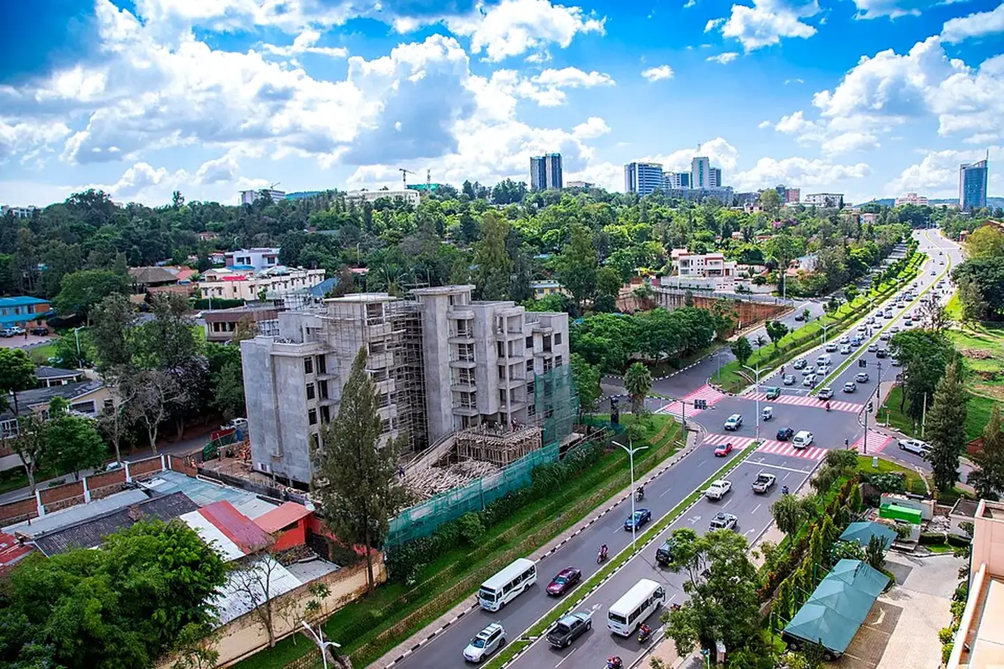 A high-angle view across the green streets of Kigali, Rwanda